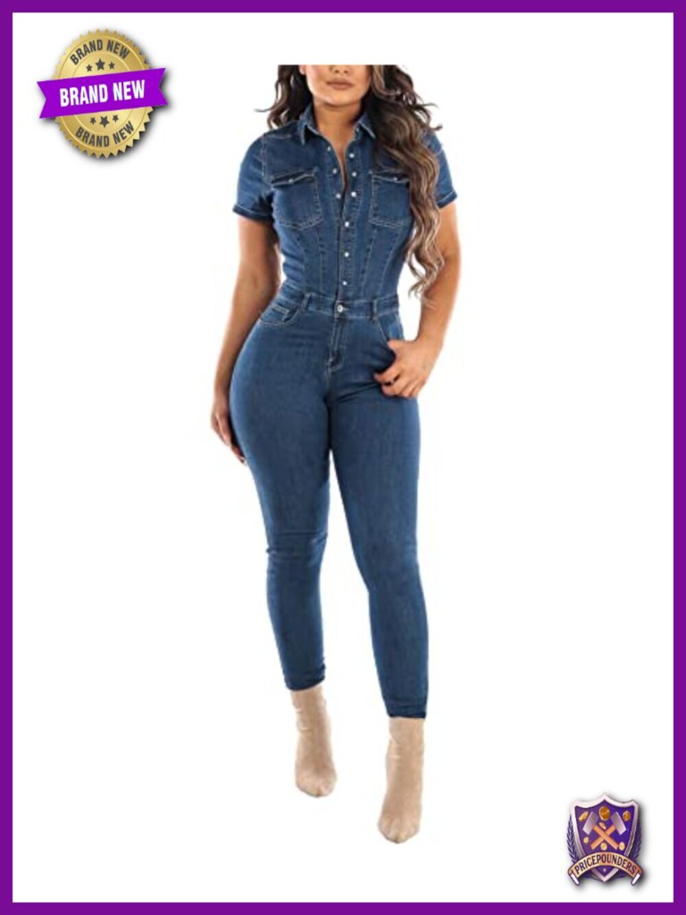 Denim Jumpsuit Romper Short Sleeve Bodycon with Pockets Stretchy One Piece